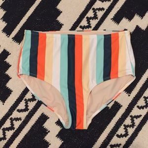 Aqua And Orange Striped High Waist Swim Bottoms